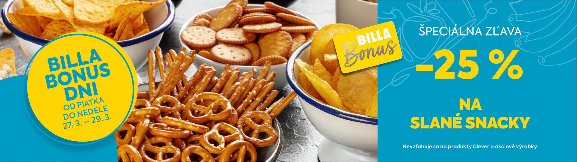 Využite 25 % zľavu s BILLA Bonus na slané snacky od piatka 27.3.2026 do nedele 29.3.2026